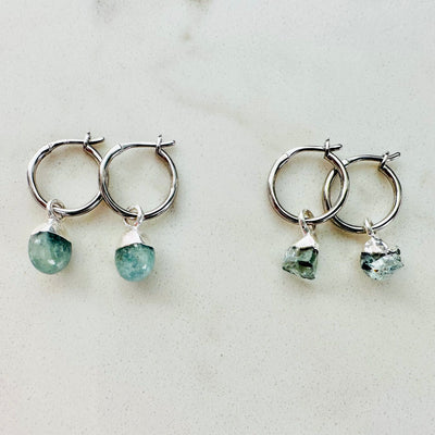 silver aquamarine March birthstone hoop earrings