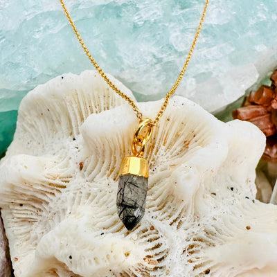 Gold plated tourmalinated quartz gemstone pendant necklace