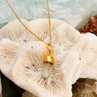 Gold plated golden rutile quartz spike pendant necklace