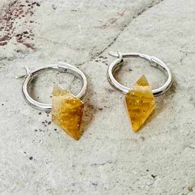 Citrine octahedron charms on sterling silver hoop earrings