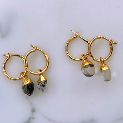 clear quartz and herkimer diamond gold plated gemstone hoop earrings  / April birthstone earrings