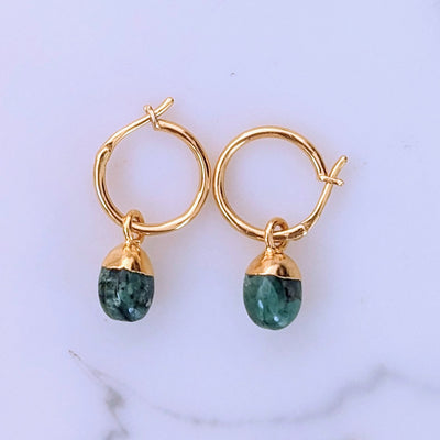 gold plated emerald may birthstone hoop earrings