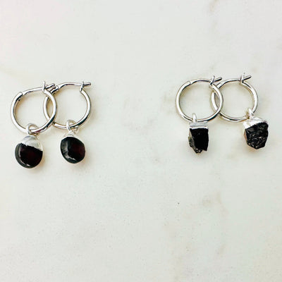 silver garnet January birthstone hoop earrings